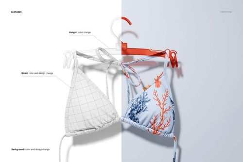 Front view of a bikini mockup set on hangers, featuring a split design with grid pattern and coral print.