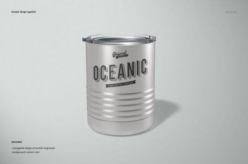 Front view of a 10 oz vacuum insulated tumbler mockup in silver, featuring an engraved oceanic design.