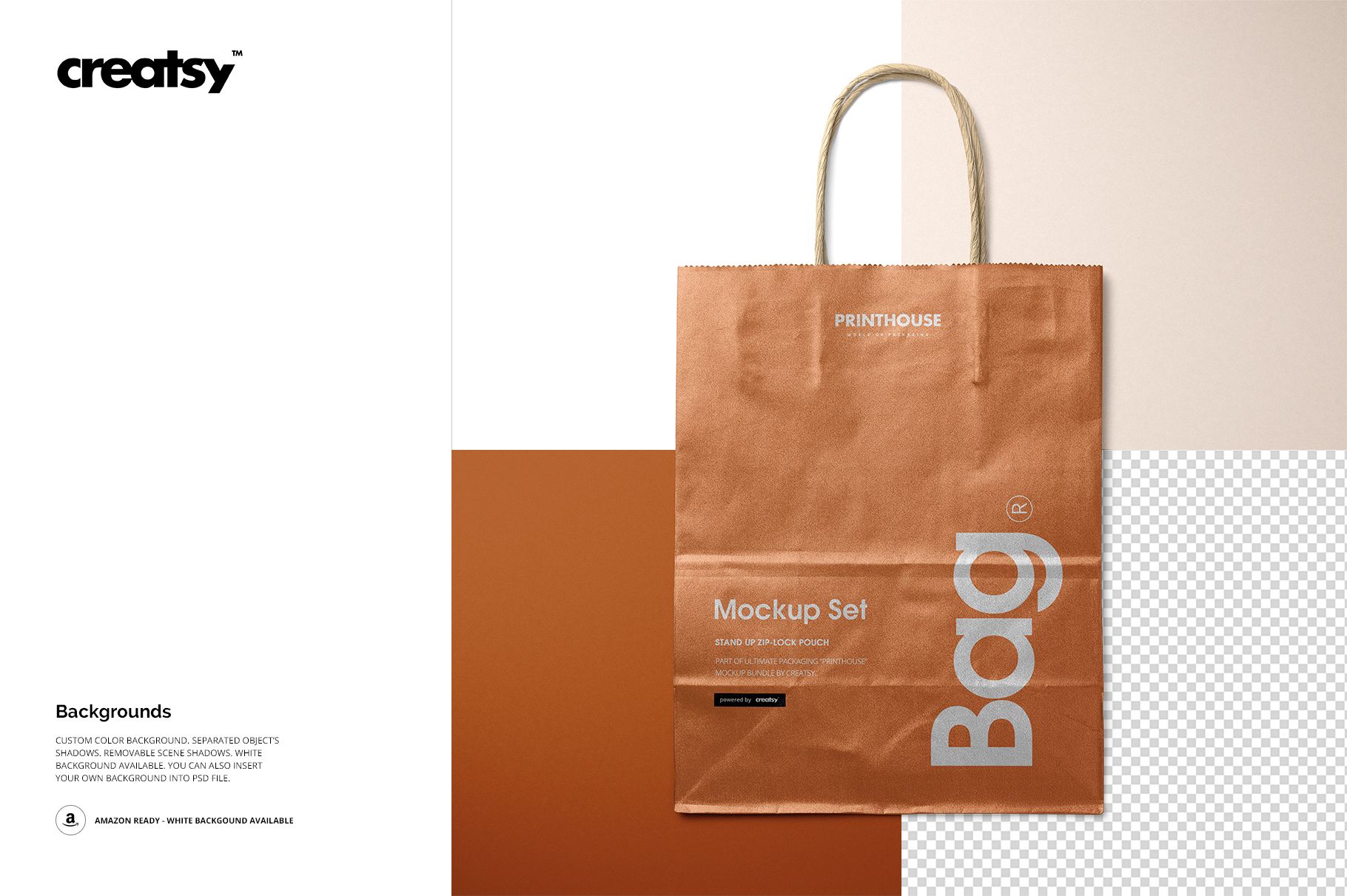 Metallic kraft paper shopping bag mockup with rope handles shown on a split-tone beige and brown backdrop.
