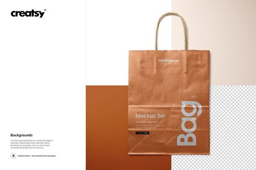 Metallic kraft paper shopping bag mockup with rope handles shown on a split-tone beige and brown backdrop.