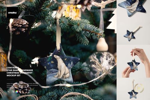 Star-shaped Christmas ornament mockup featuring a polar bear design, hanging on a decorated tree with festive lights.