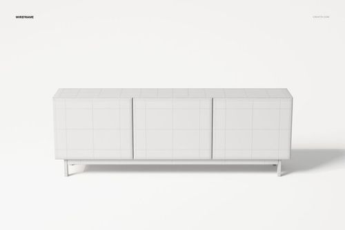 Modern sideboard 3D model in a wireframe view, rectangular shape, white color, front perspective on plain background.
