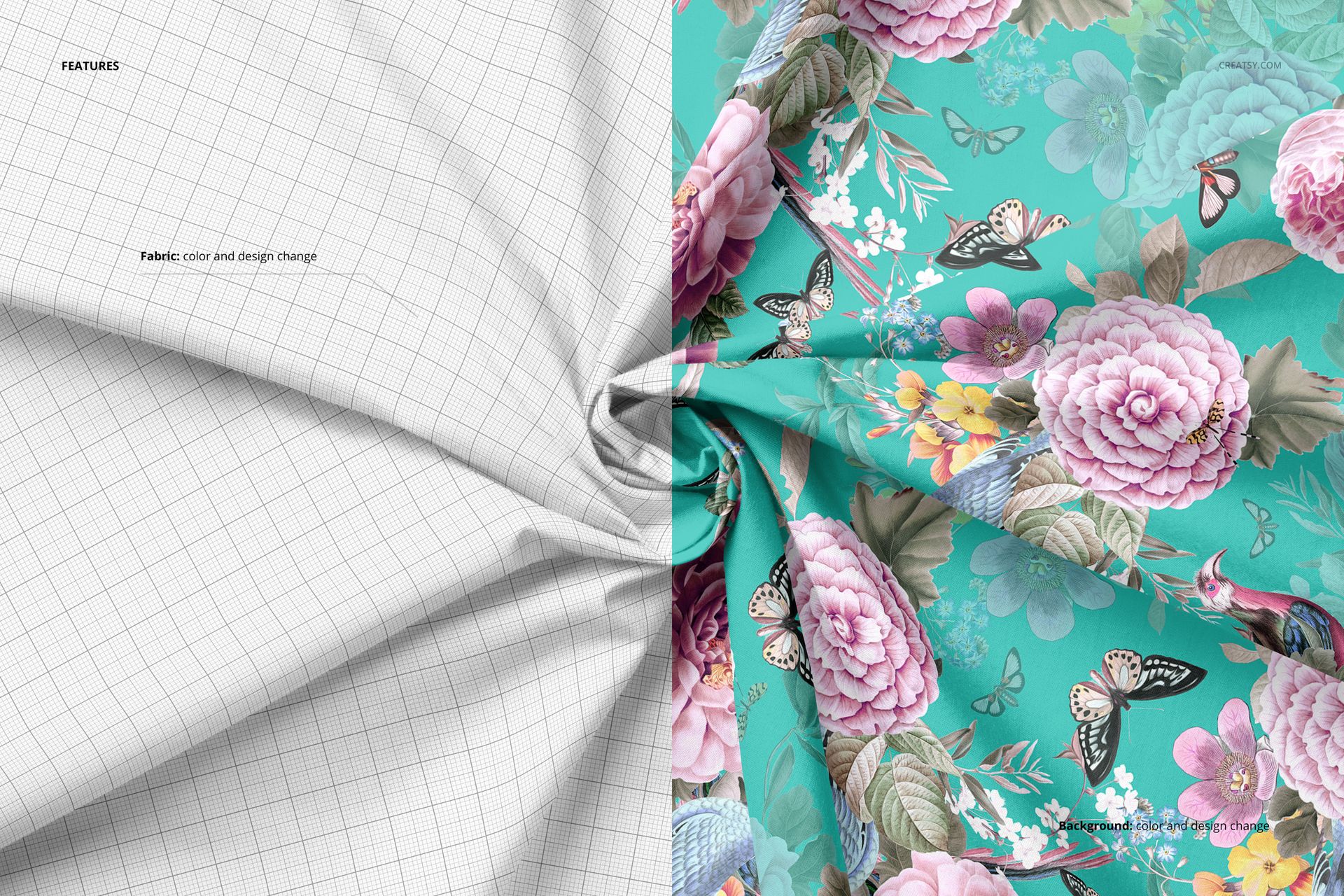 Creased cotton fabric mockup shown from above, split side-by-side with grid pattern and floral butterfly design.