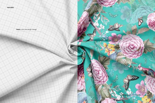 Creased cotton fabric mockup shown from above, split side-by-side with grid pattern and floral butterfly design.
