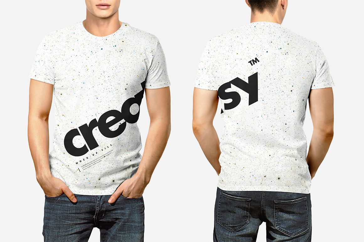 Men's t-shirt mockup showing front and back, white fabric with scattered colored specks and bold black lettering.
