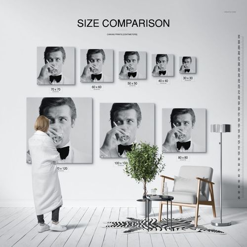 Canvas print size comparison mockup showing various square and rectangular prints on a white wall in a modern room.