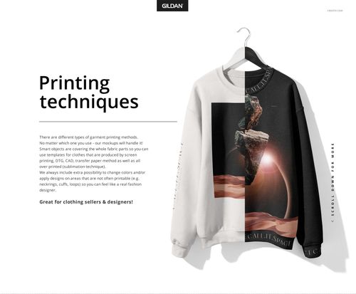 Front view of a Gildan sweatshirt mockup with split black and white design, featuring abstract artwork and a hanger.