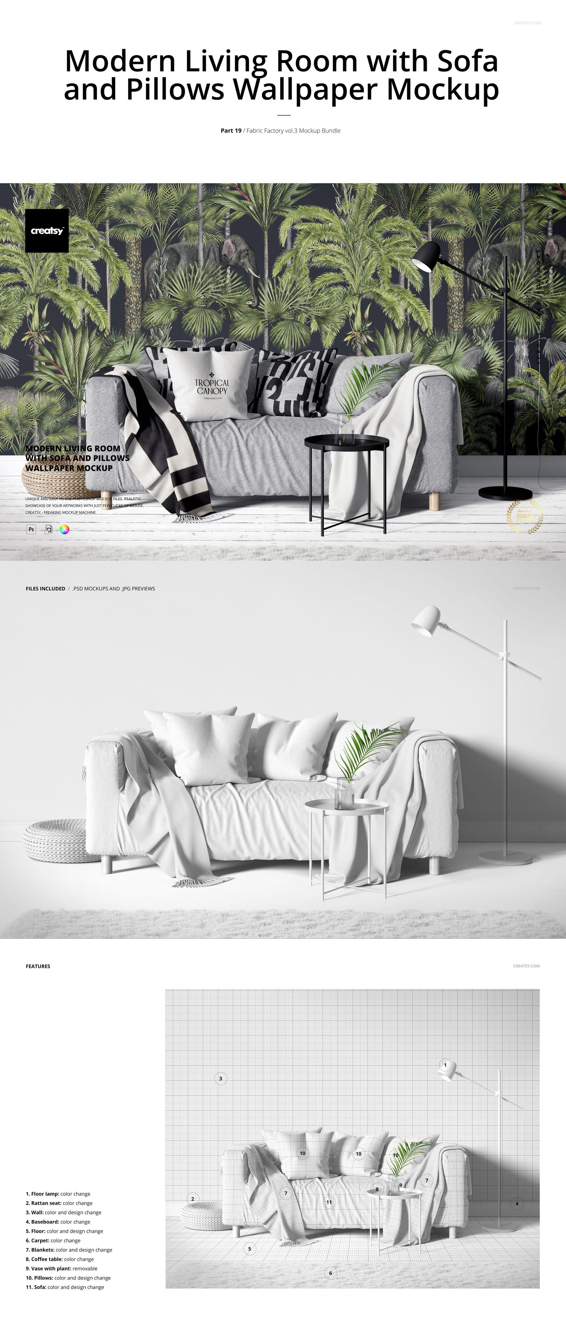 Front view of a modern living room with a gray sofa, pillows, and tropical leaf wallpaper, shown in a PSD mockup.