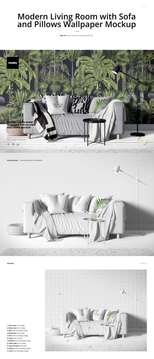 Front view of a modern living room with a gray sofa, pillows, and tropical leaf wallpaper, shown in a PSD mockup.