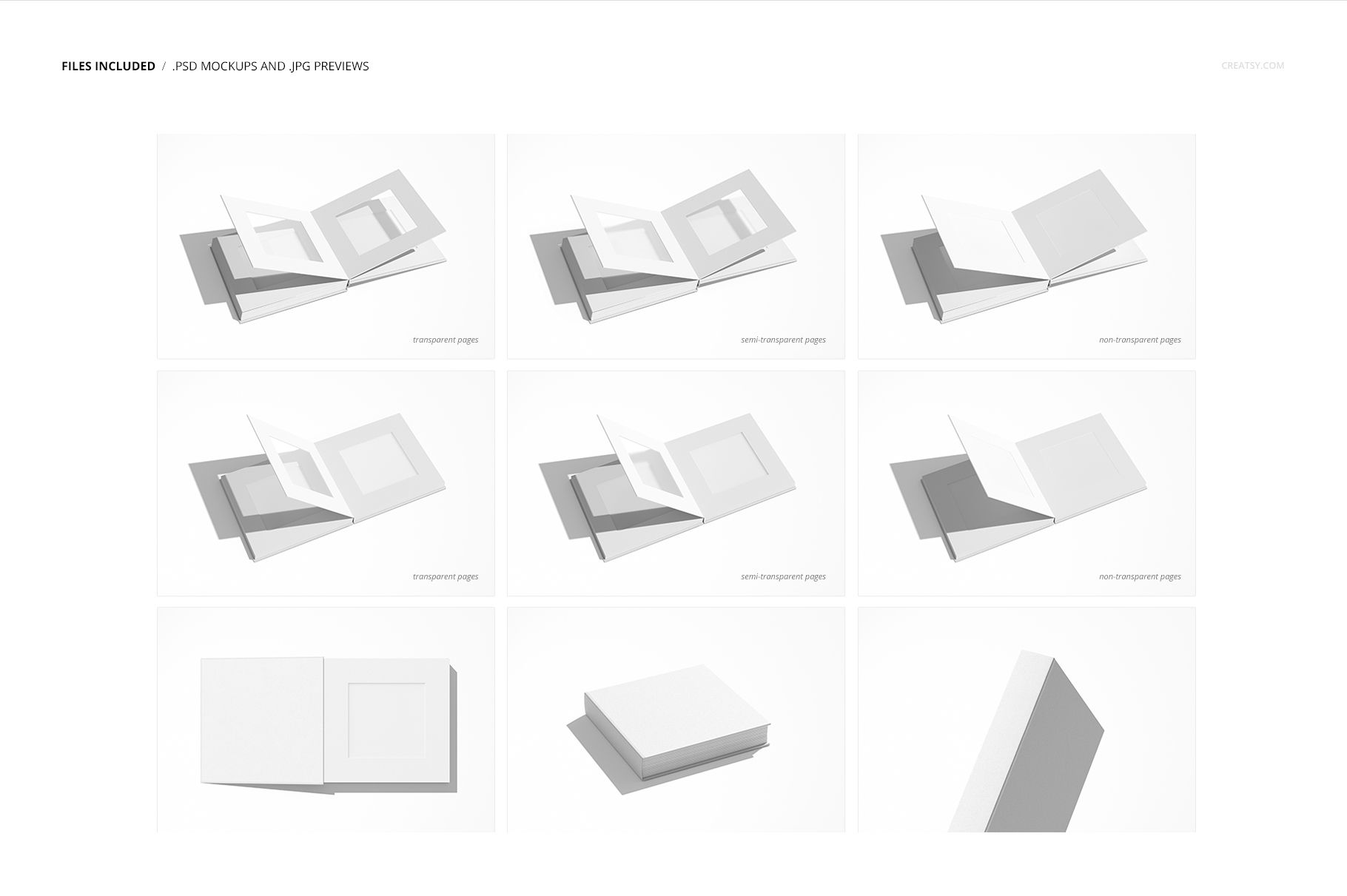 Nine artbook mockup scenes showing blank hardcover books in various open and closed positions on a white background.