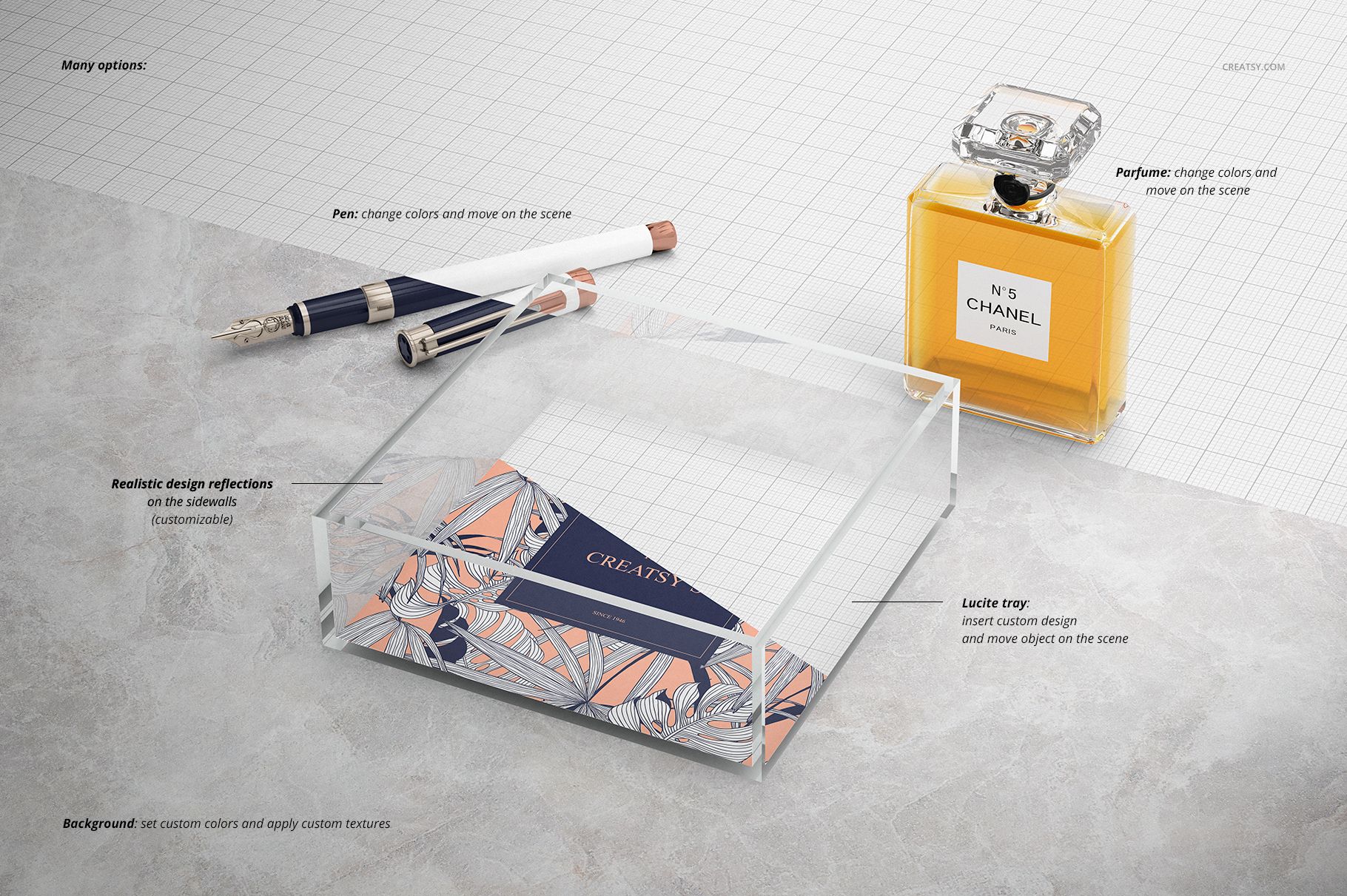 Rectangular lucite tray mockup displayed on a textured surface with a pen and perfume bottle, top view perspective.