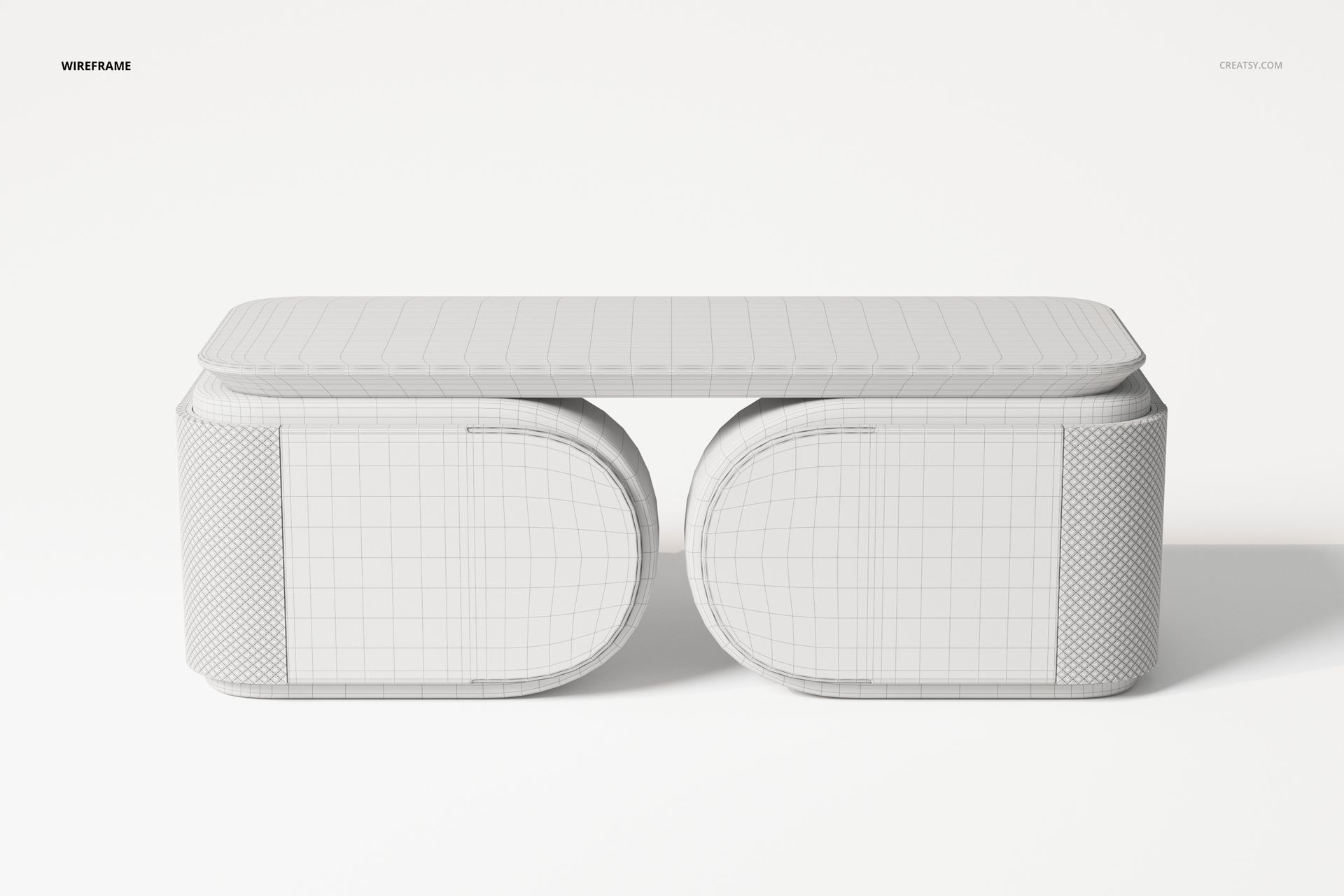 Futuristic desk with upholstered sides and rounded edges, shown in wireframe view against a plain white background.