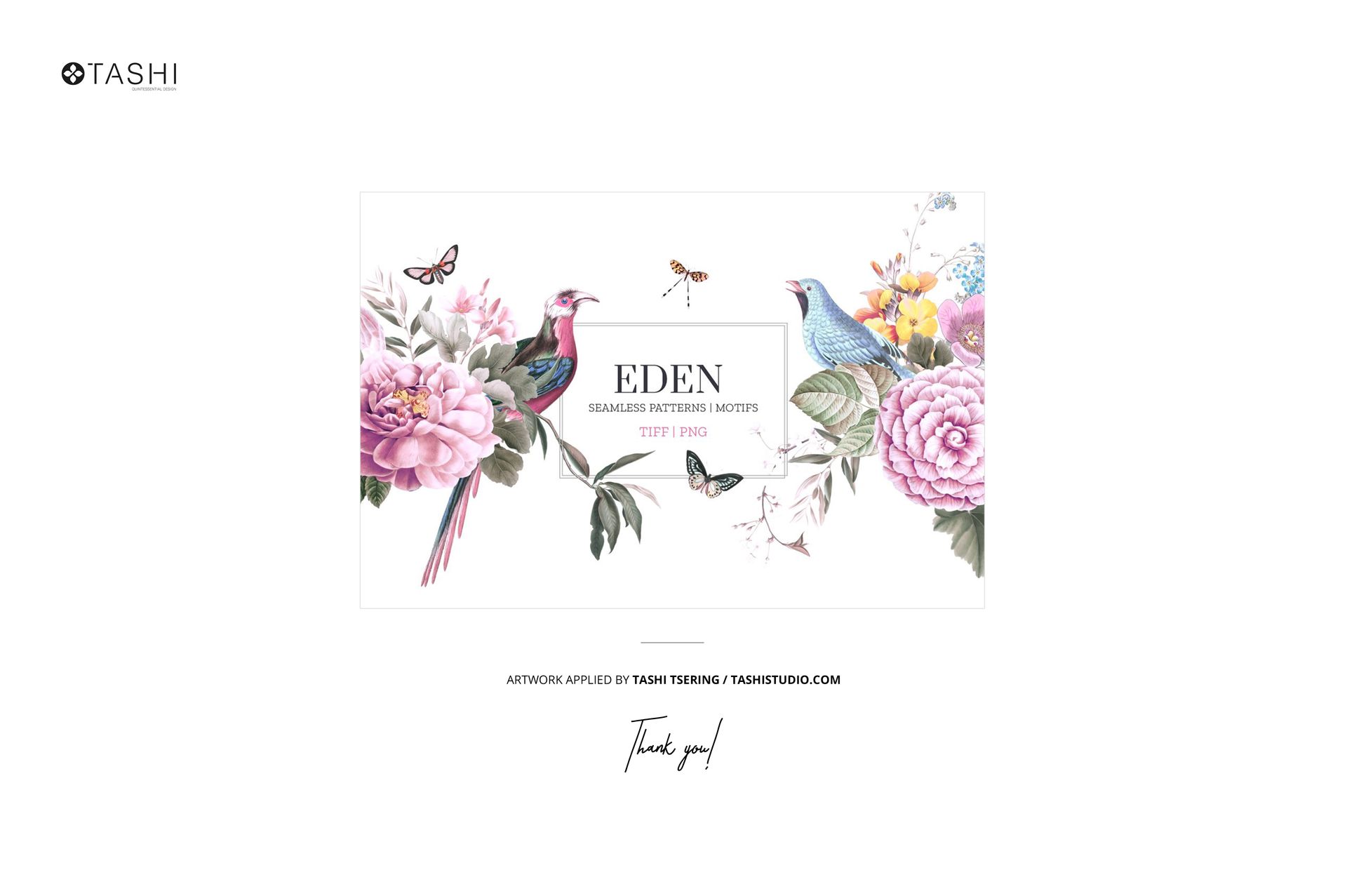 Rectangular cotton fabric mockup featuring a floral and bird pattern with butterflies, displayed on a white background.