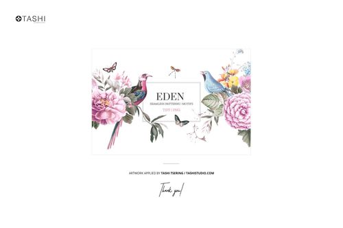 Rectangular cotton fabric mockup featuring a floral and bird pattern with butterflies, displayed on a white background.