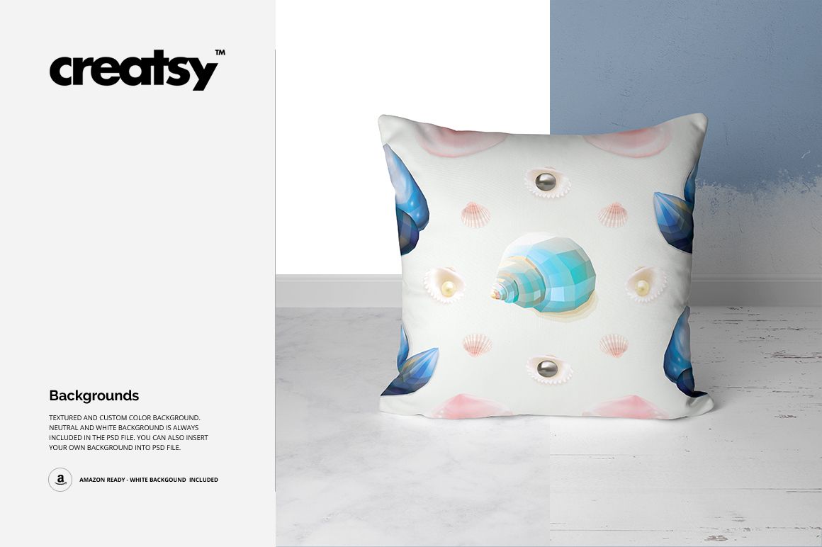 Square pillow mockup featuring a repeating seashell and pearl design, shown on a light wood floor with blue and white wall background.