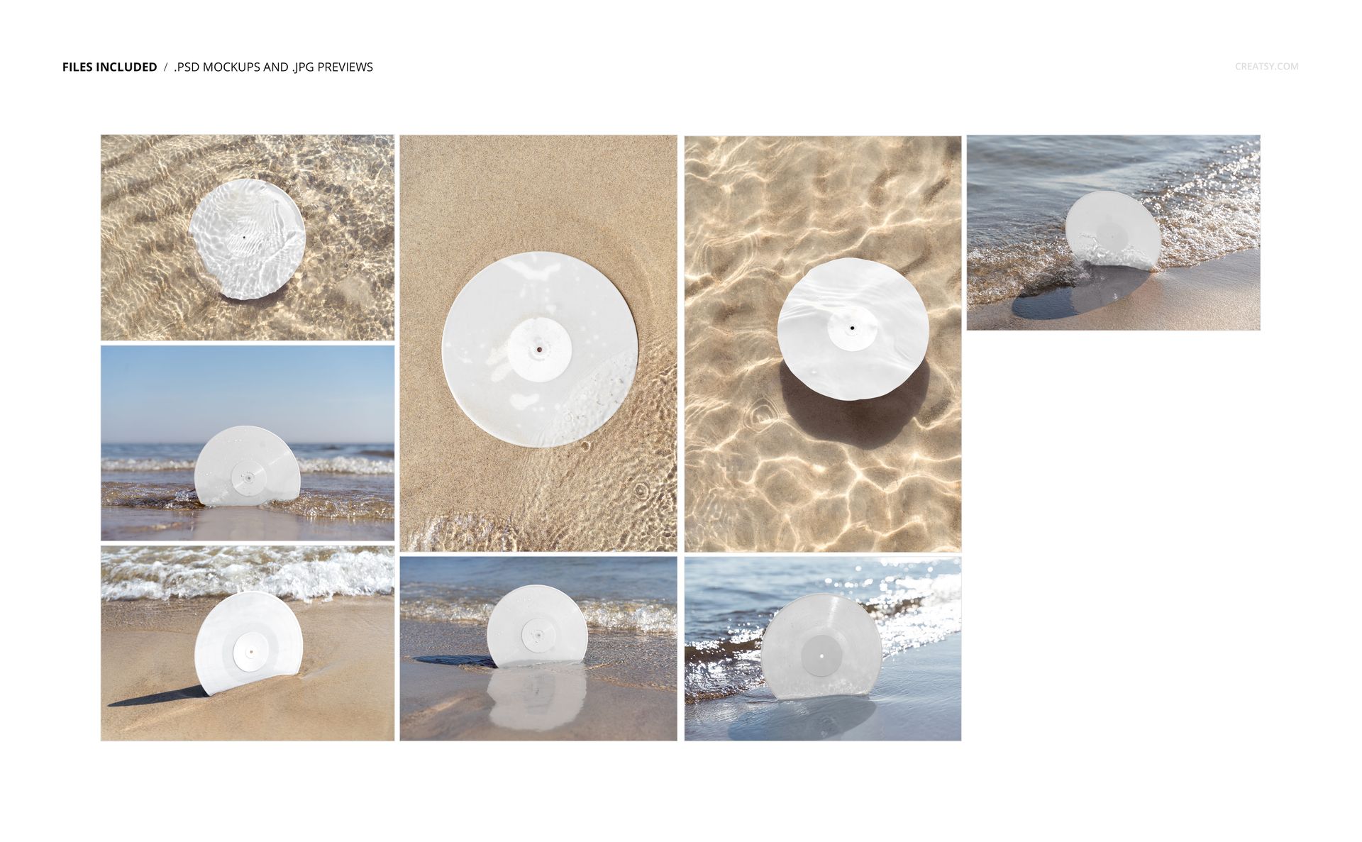 Colored vinyl record mockup shown in various beach scenes, featuring sand, water, and sunlight reflections.