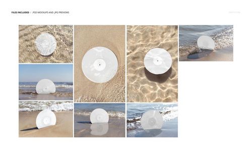 Colored vinyl record mockup shown in various beach scenes, featuring sand, water, and sunlight reflections.