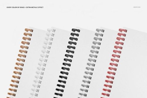 Close-up view of four A4 notebook mockups with square holes and varied spiral bindings on a white background.