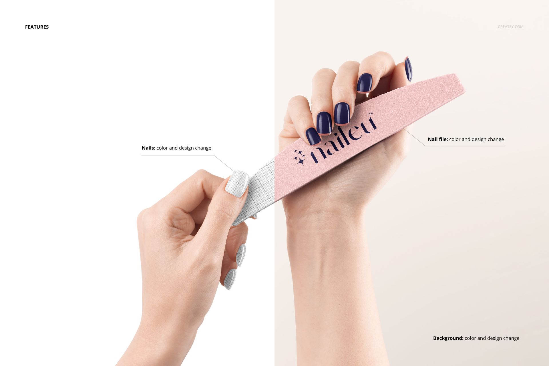 PSD mockup of a half moon nail file being held by a hand with dark blue nails, displayed on a clean split background.