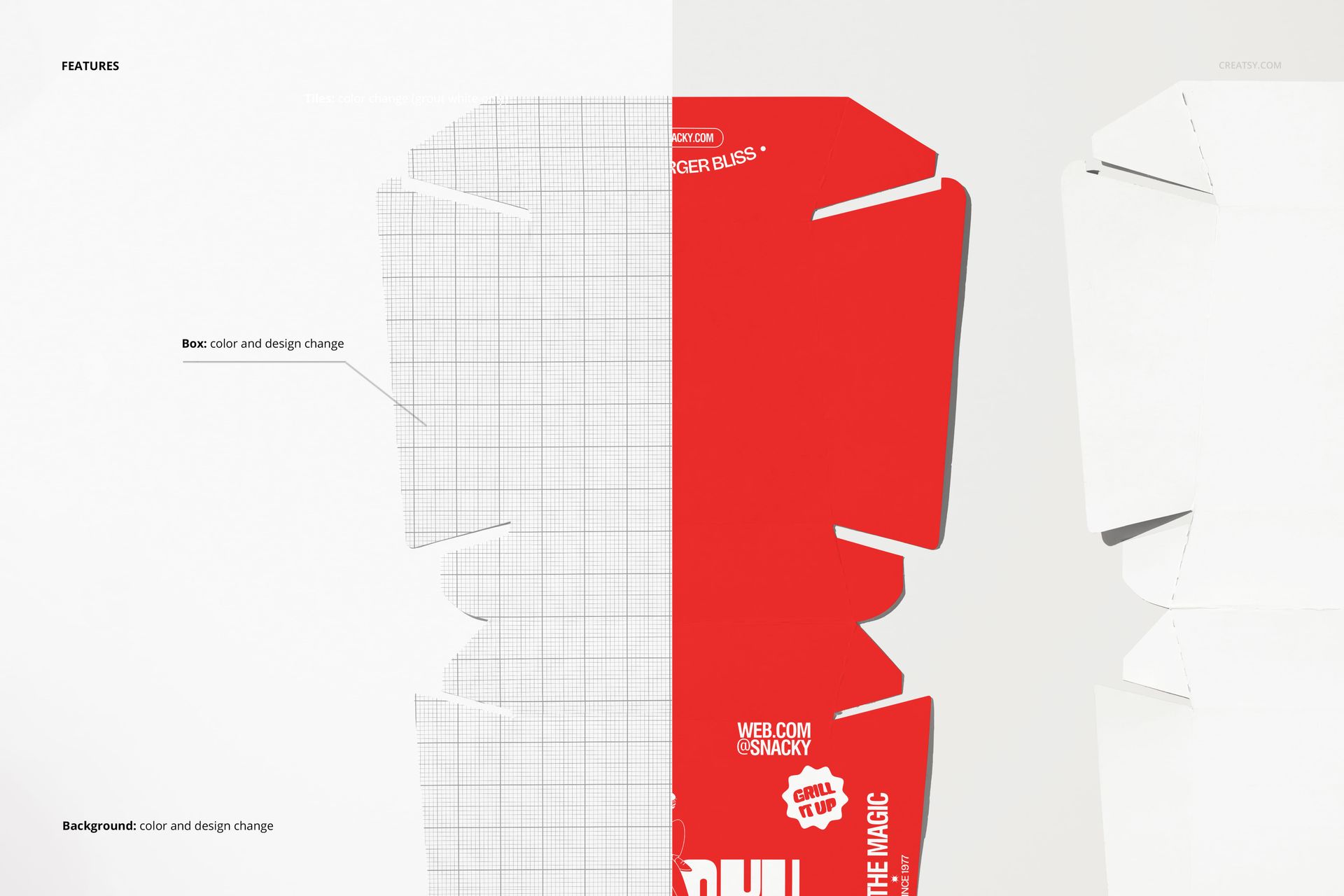 Flat burger box mockup presented with a red printed side and a grid layout, viewed from above on a plain background.