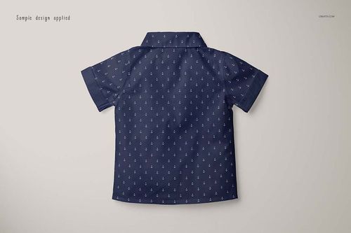 Boys formal shirt mockup in dark blue with small anchor motifs, displayed from the rear on a neutral surface.