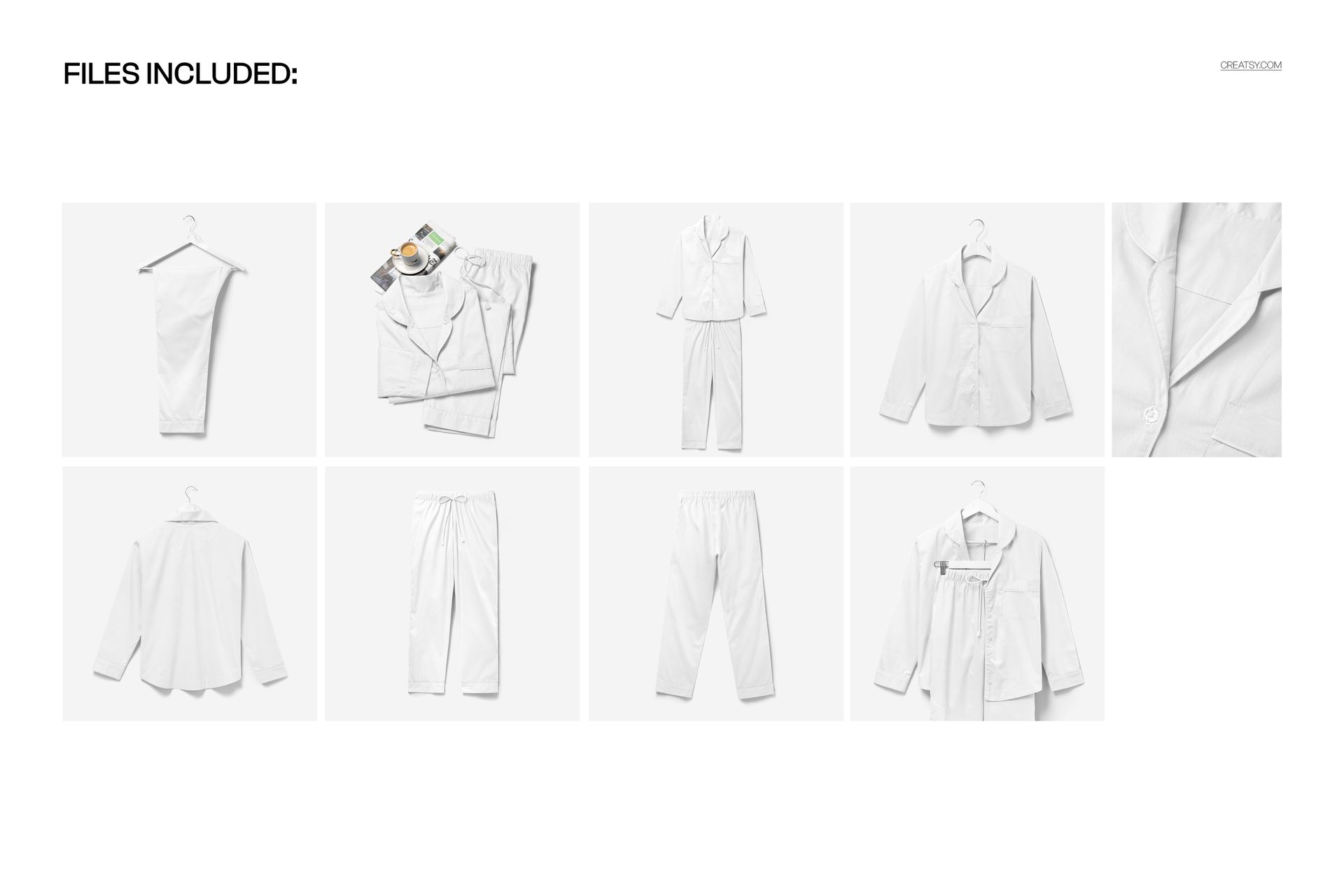 PSD mockup of a white sleepwear set with long-sleeve top and pants, presented on hangers and folded flat.
