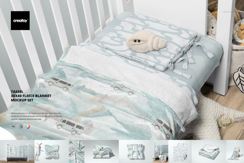 Crib scene featuring a 30x40 fleece blanket mockup with soft blue and white patterns and a plush toy on top.