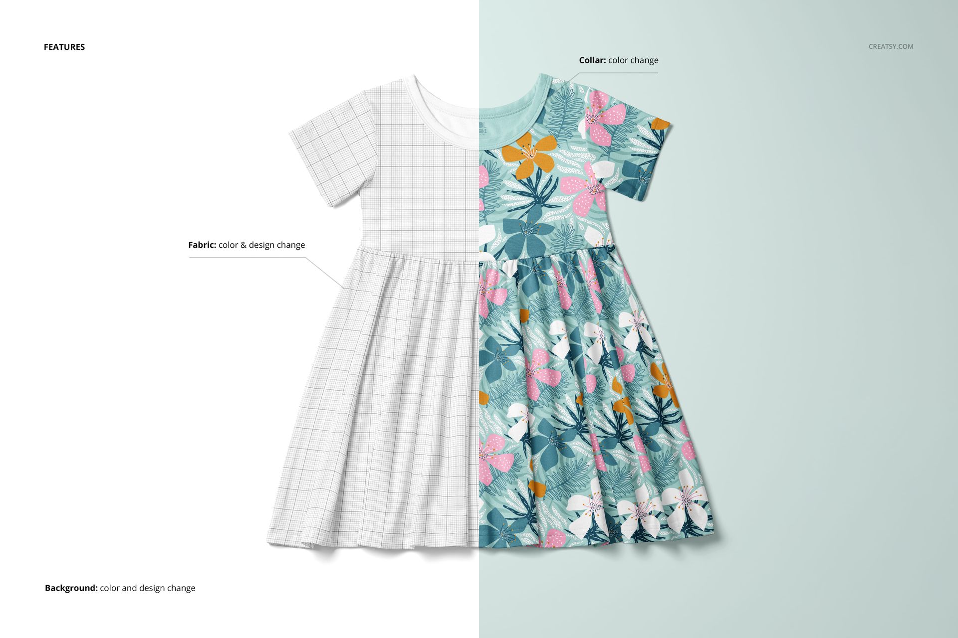 Toddler skater dress mockup shown from the front, split with one side in grid pattern and the other in colorful floral print.