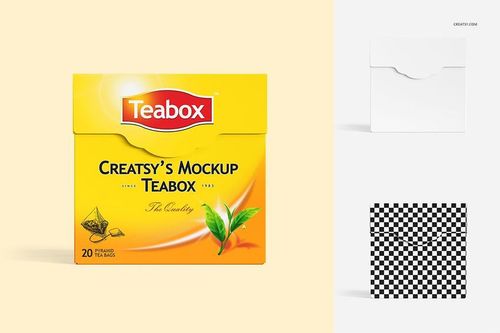 Front view of a yellow rectangular tea box mockup with green leaf graphics and bold red and white branding on top.