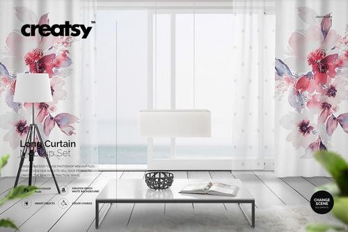 PSD mockup of long curtains featuring large pink and purple flowers, shown in a bright room with a window view.