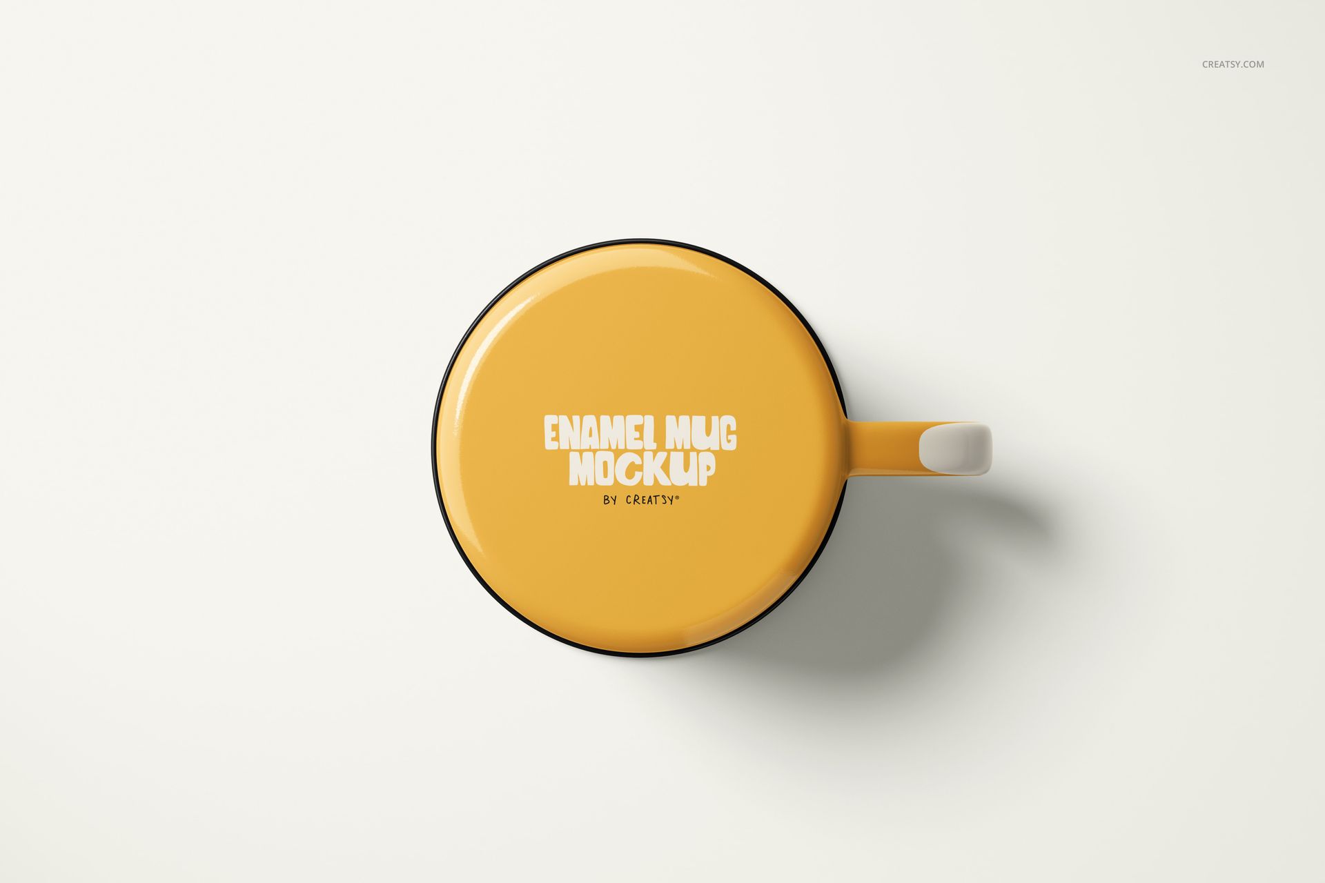 Yellow enamel mug mockup displayed from above, showing a round shape and contrasting white handle on a clean background.