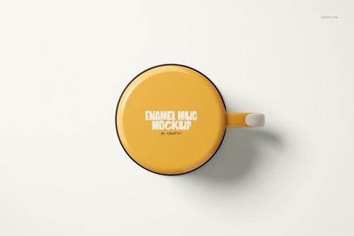 Yellow enamel mug mockup displayed from above, showing a round shape and contrasting white handle on a clean background.