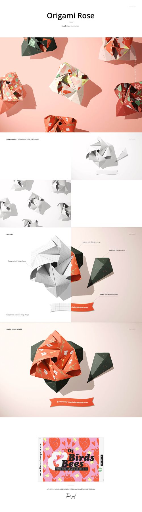 Origami rose mockups displayed on a pink background, featuring folded paper roses in various colors and patterns.