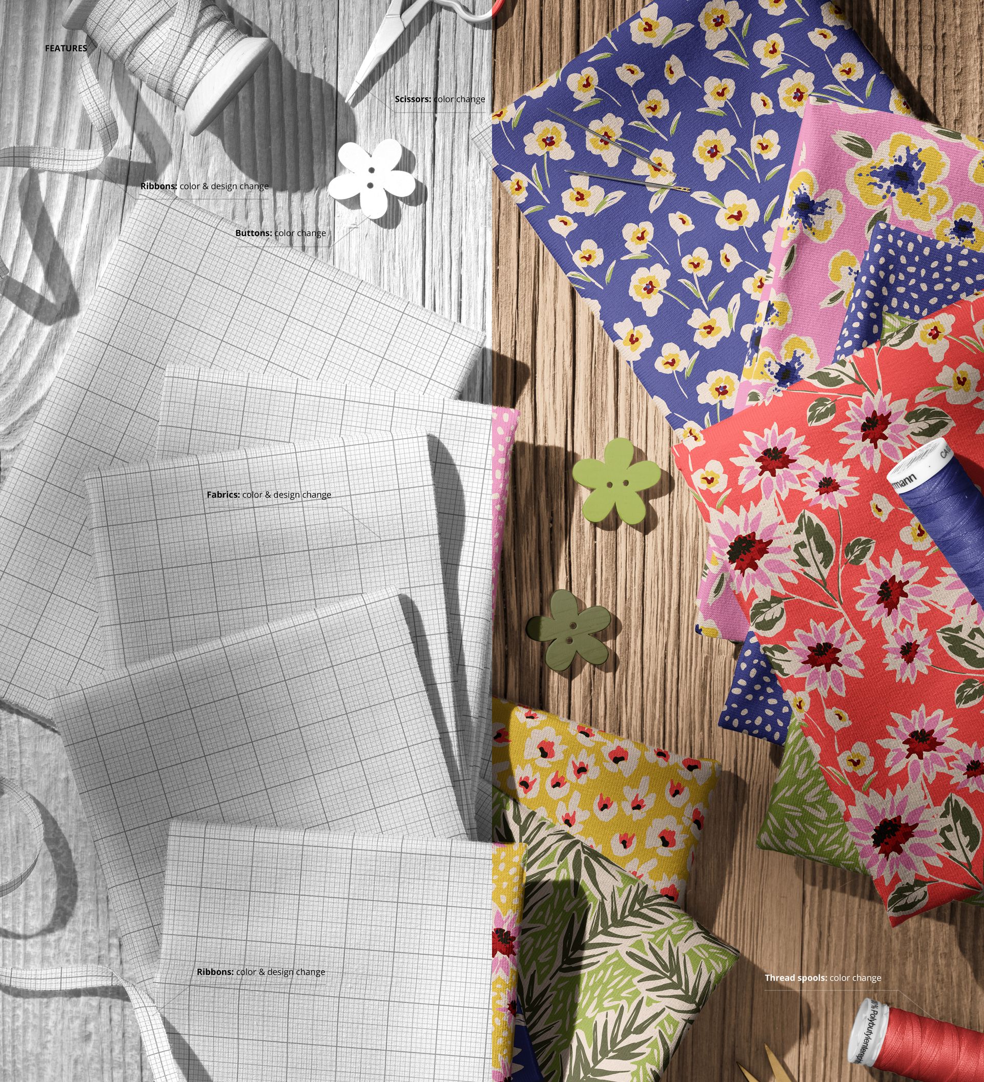 Jersey fabric and ribbon mockup showing patterned and plain textiles with floral designs, top view on wood surface.