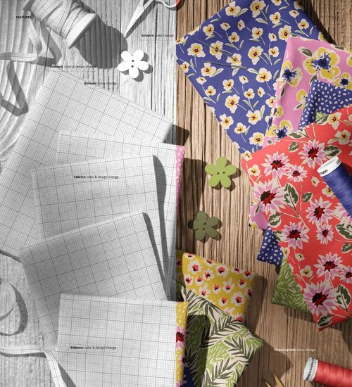 Jersey fabric and ribbon mockup showing patterned and plain textiles with floral designs, top view on wood surface.