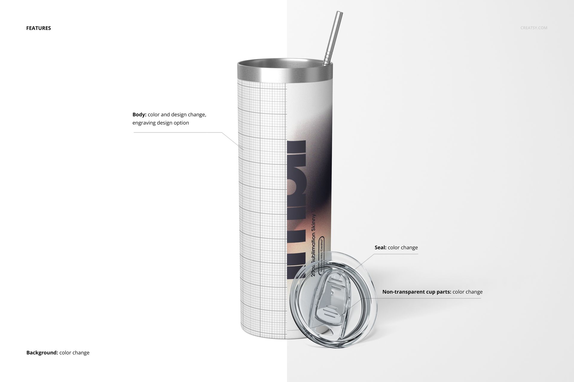 Front view of a 20oz skinny tumbler with a powder-coated finish, shown with a stainless steel lid and straw on a split white background.
