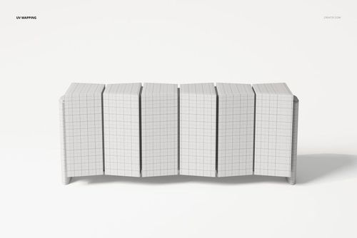 Front view of a postmodern style sideboard with geometric panels, shown in a light gray grid pattern on a white background.