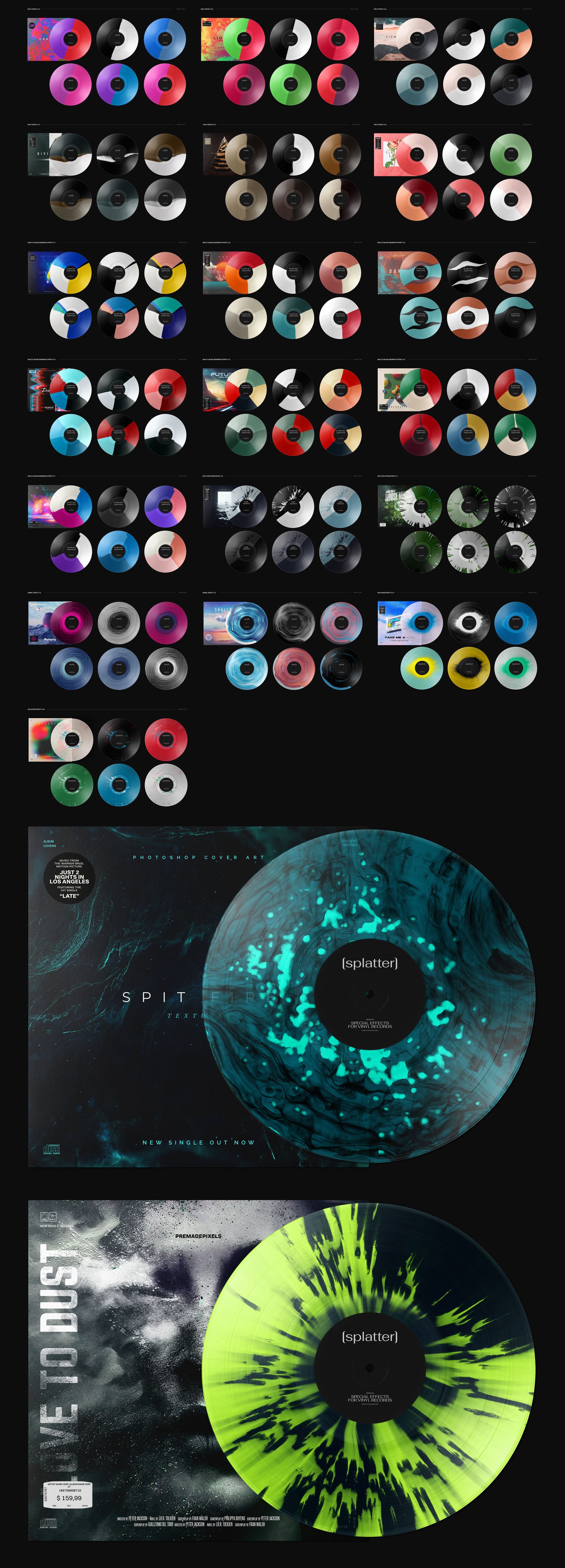 Assorted vinyl record mockups featuring classic black, colorful, and special effect discs, shown from a top view.