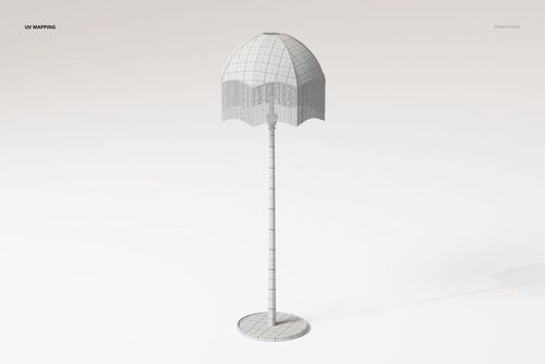 Vintage style floor lamp 3D model with fringed lampshade, shown from the front on a plain light background.