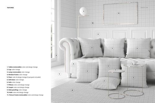 PSD mockup showing a bright living room with white tufted sofa, several grid-patterned pillows, and minimal decor.
