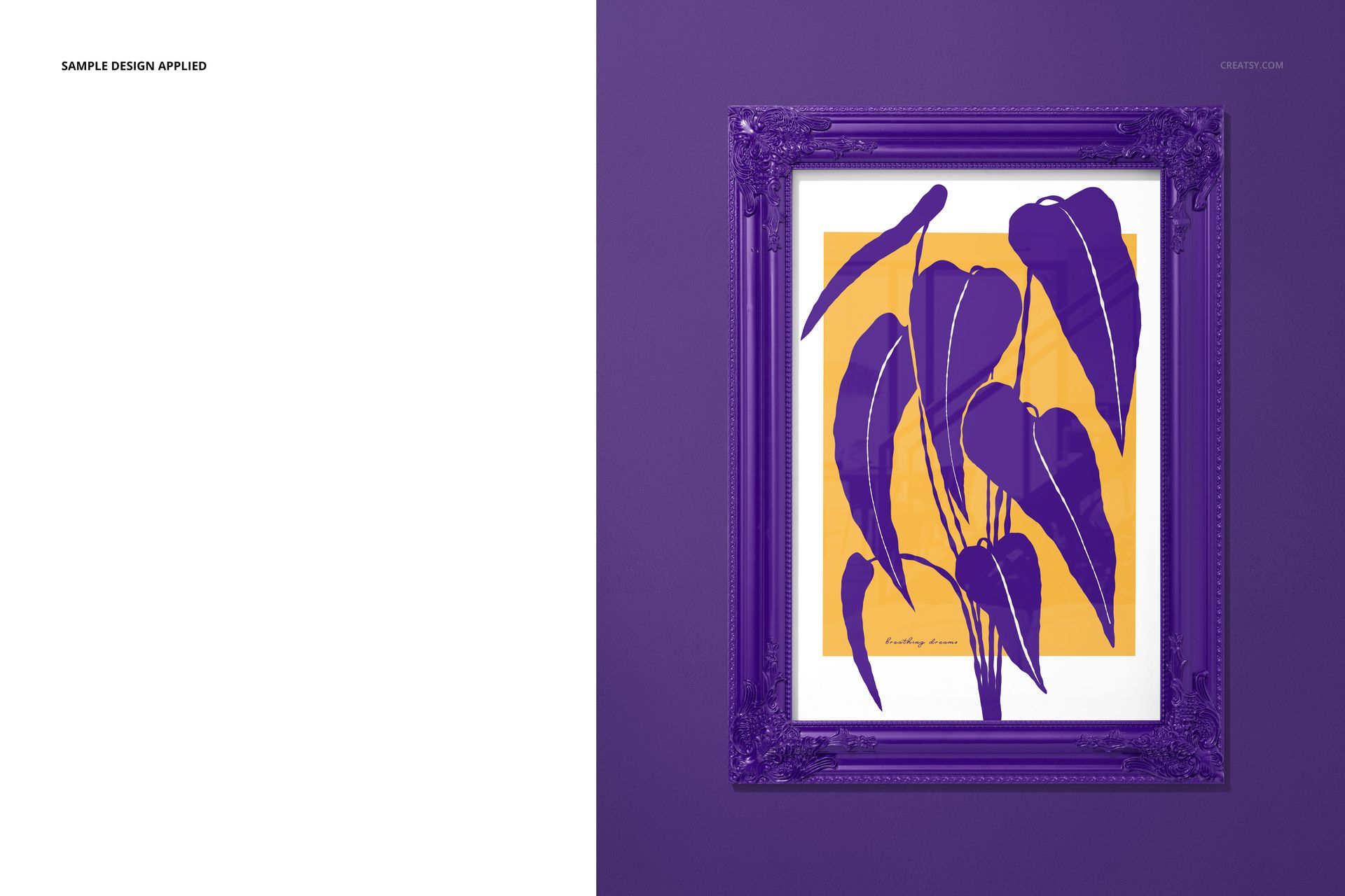 Square purple painted picture frame mockup featuring a leaf illustration in purple on an orange backdrop, shown from the front.