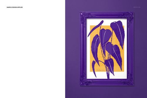 Square purple painted picture frame mockup featuring a leaf illustration in purple on an orange backdrop, shown from the front.