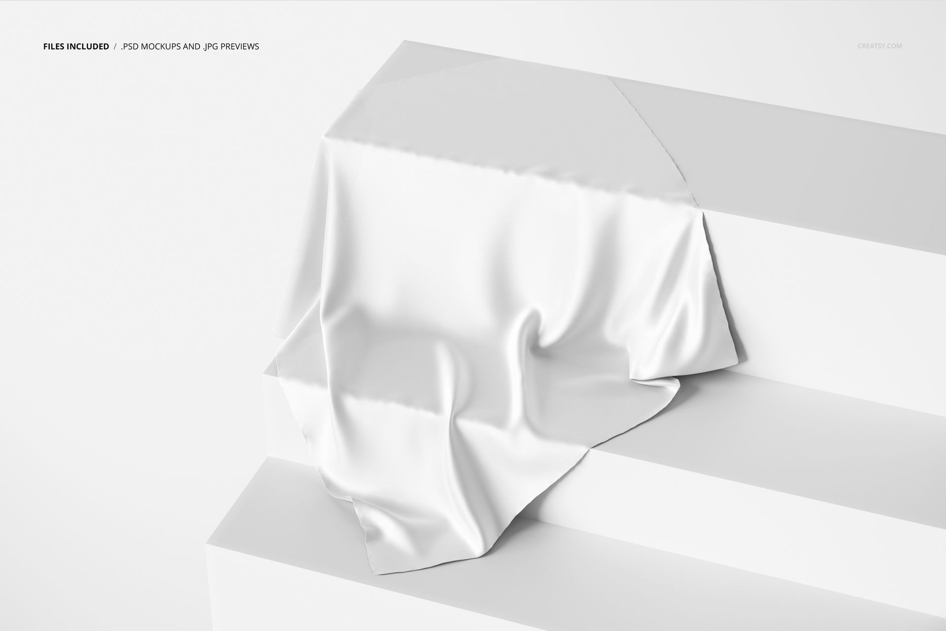 Silk textile mockup featuring a white fabric arranged on stair steps, presented in a bright, simple environment.
