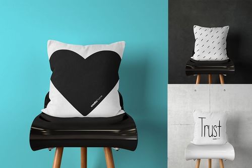 PSD mockup of throw pillows with bold graphic designs, placed on chairs against bright and dark backgrounds.