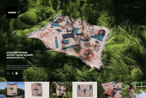 Fringed jacquard throw blanket mockup featuring colorful abstract design, laid out on vibrant forest grass.