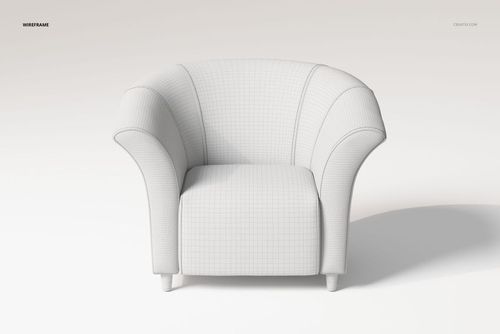 Front view of a high back tub chair 3D model in white with visible wireframe texture on a plain background.