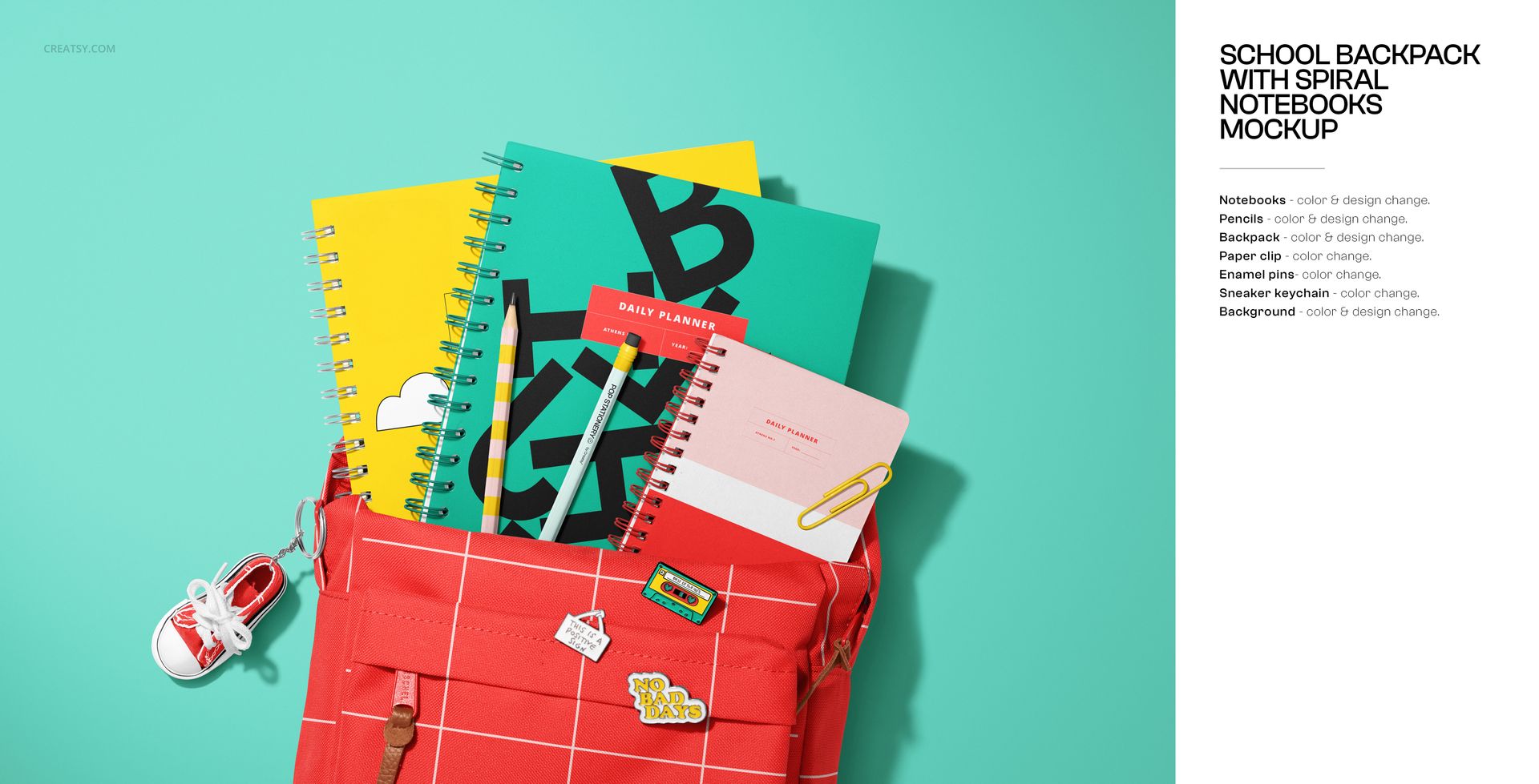 Red backpack with spiral notebooks, colorful stationery, and small accessories on a turquoise background, top view.