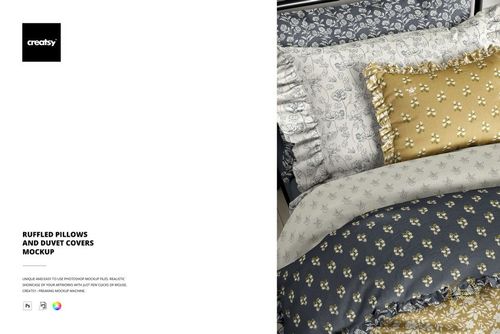 PSD mockup of a bedding set with ruffled edges, including pillows and duvet covers in floral prints and muted colors.