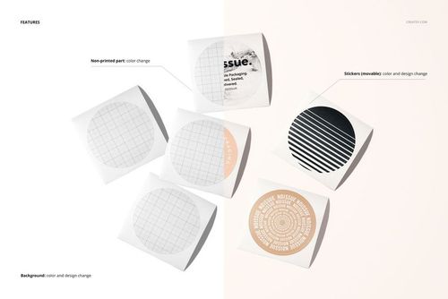 Top view of five round stickers mockup on a light background, featuring various grid and graphic designs.