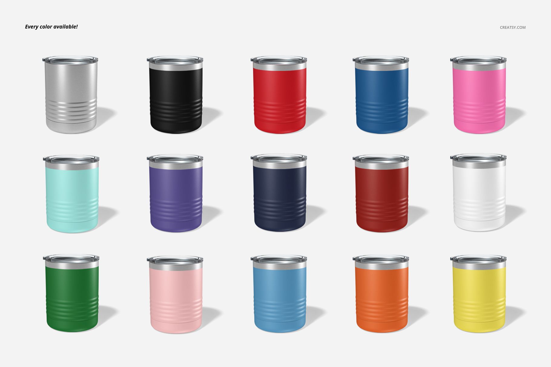 Set of fifteen vacuum insulated tumblers displayed in rows, featuring different colors and metallic lids, PSD mockup.